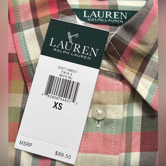 NWT - Ralph Lauren Plaid Button Down Collared Shirt, Cream / Plaid, Size XS - Picture 3 of 5